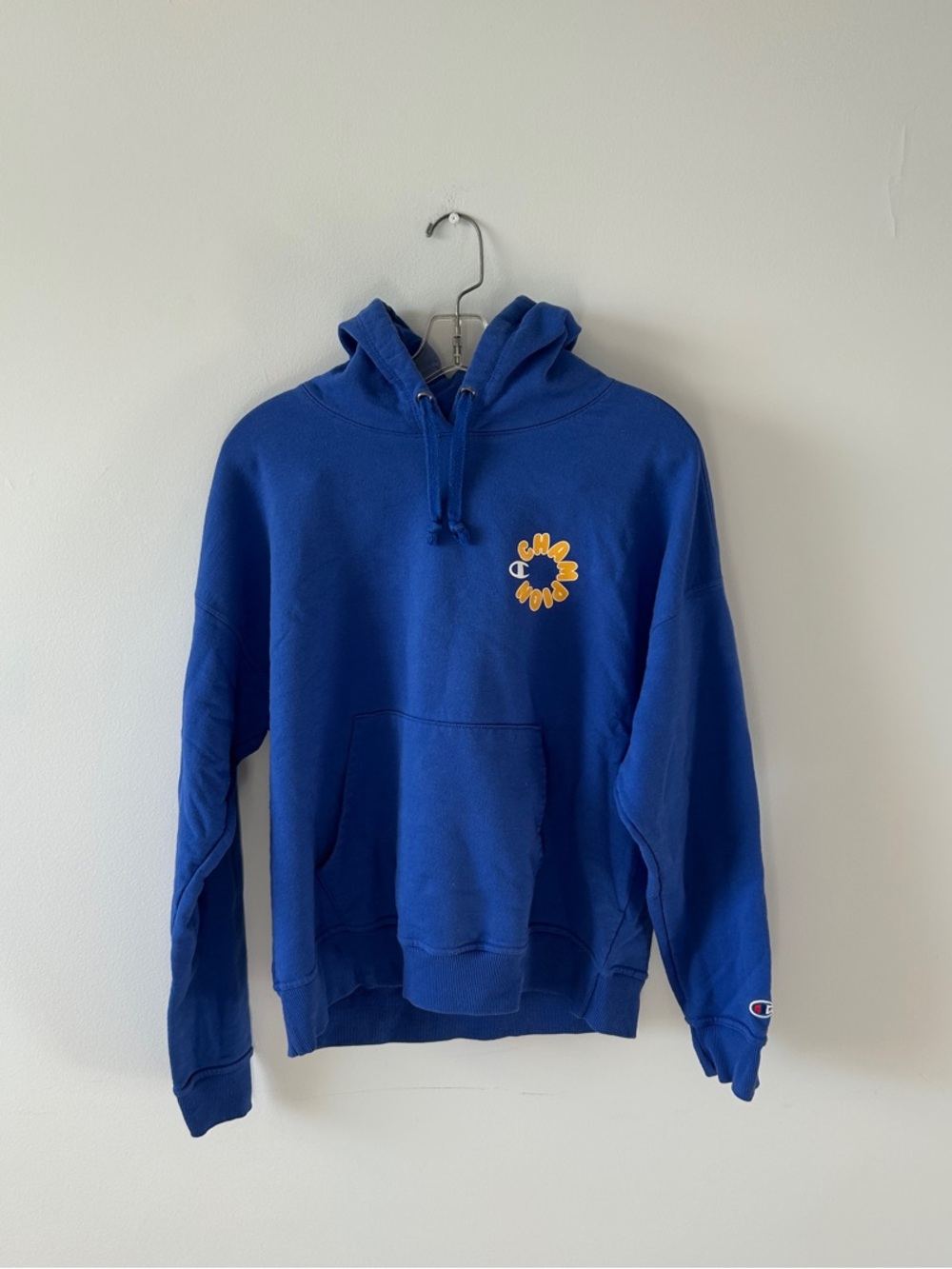 Champion Men’s Blue Pullover Hoodie with Yellow Flower Patch